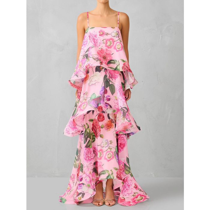 Ethereal Square Neck Tiered Ruffle Resort Floral Slip Maxi Dress