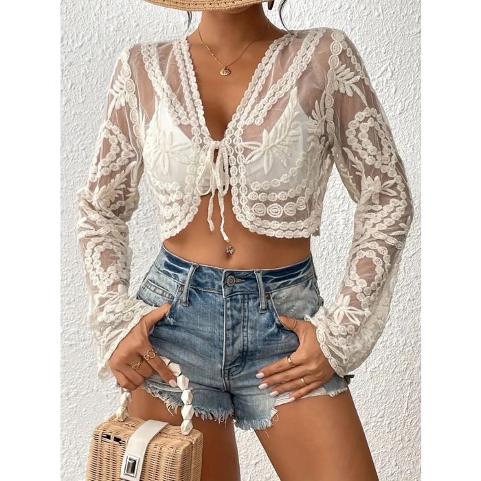 Exquisite Tie Front Sleeved Embroidered Lace Beach Crop Cover-Up