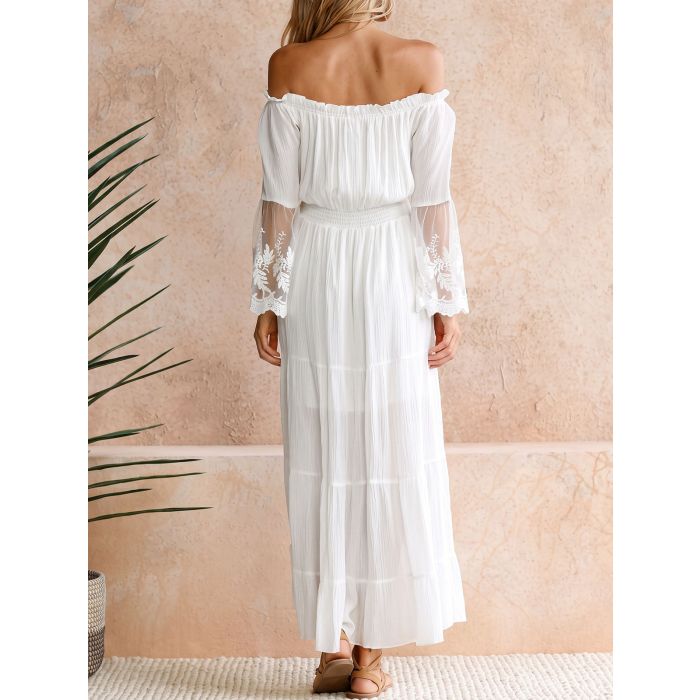 Breezy Off Shoulder Lace Bell Sleeve Resort Tiered Maxi Dress