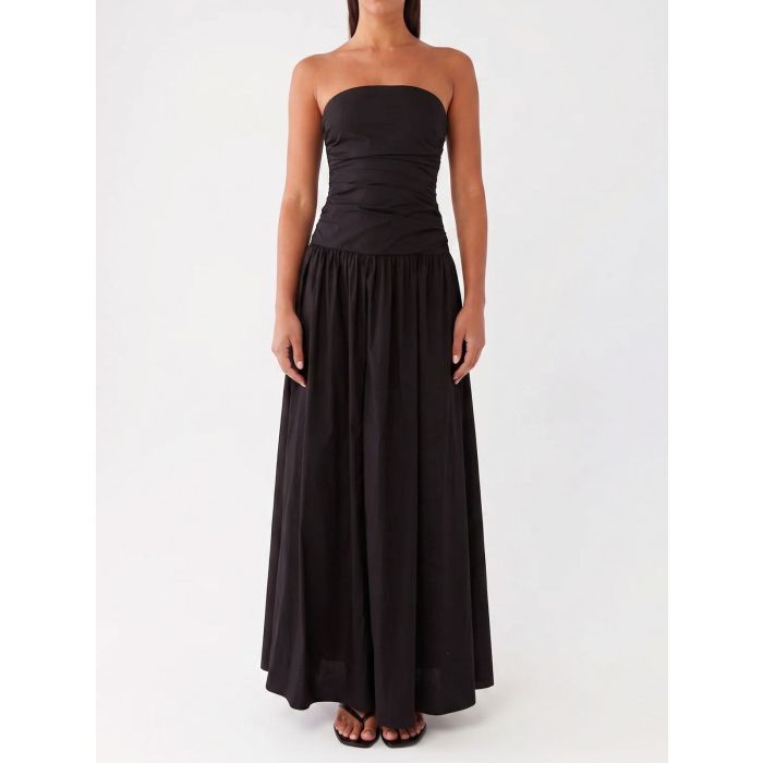 Breezy Ruched Strapless Drop Waist Resort Fit Flare Maxi Dress