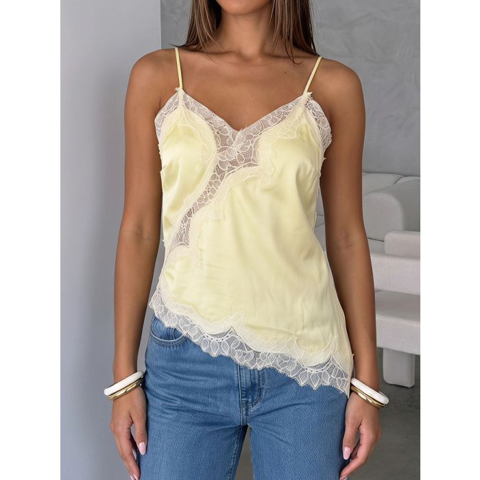Asymmetrical Lace V-Neck Spaghetti Strap Resort Crop Satin Top