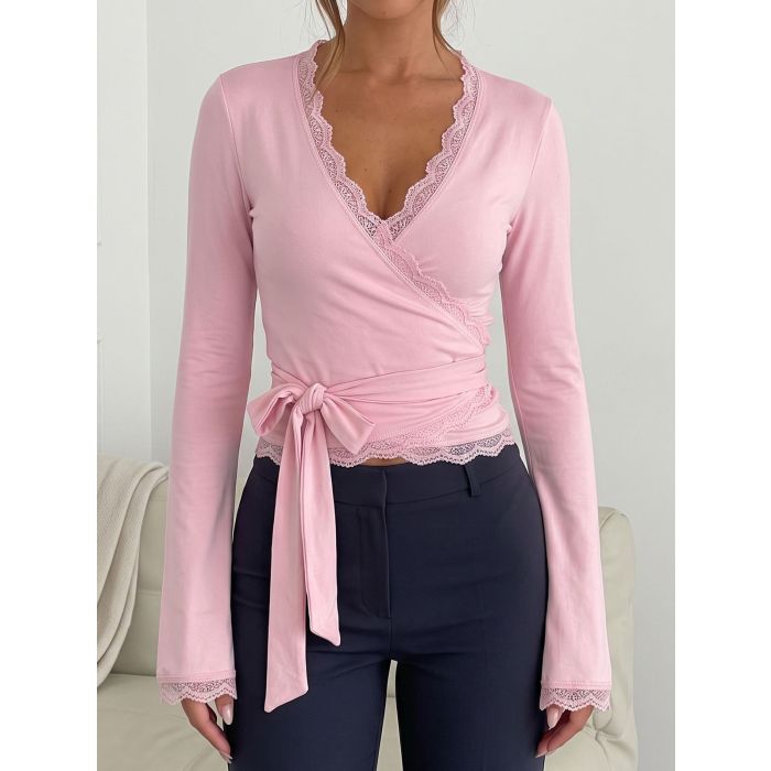 Feminine Scalloped Lace Long Sleeve Resort Tie Waist Wrap Top