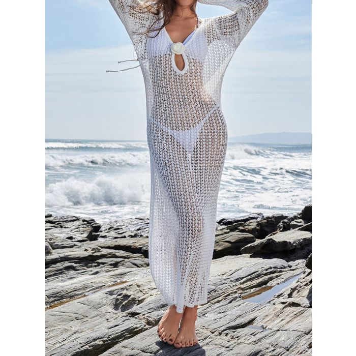 Flattering Cutout Back 3D Flower Beach Crochet Knit Cover-Up Maxi D…