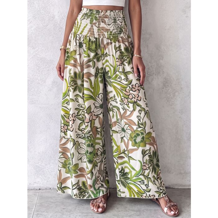 Relaxed Smocked High Waist Tropical Wide Leg Resort Palazzo Pants