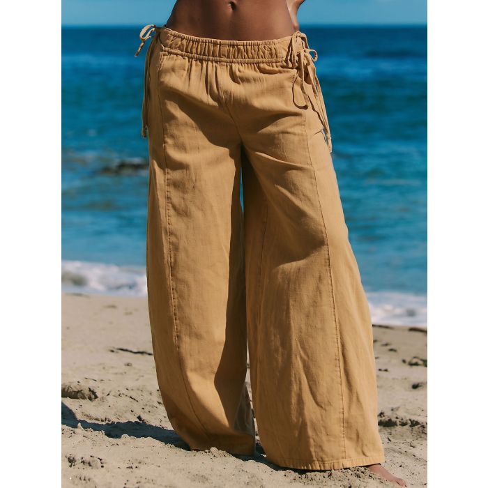Relaxed Side Tie High Waist Wide Leg Linen Blend Resort Palazzo Pan…