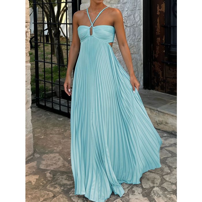 Flowy Crisscross Strap Empire Waist Resort Pleated Cutout Maxi Dress
