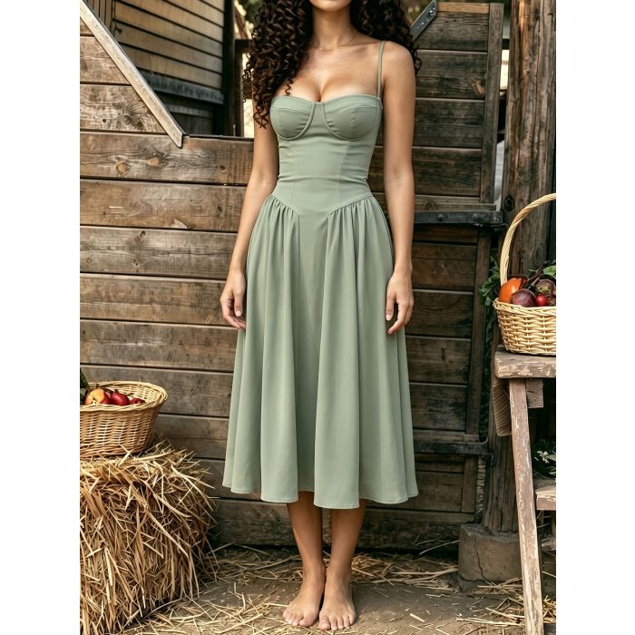 Flattering Bustier Corset Drop Waist Fit and Flare Resort Slip Midi…
