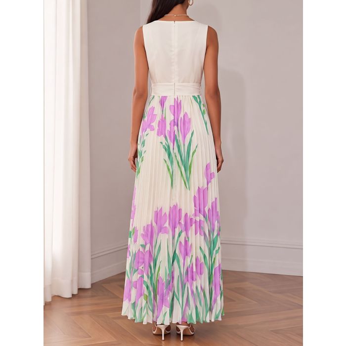 Fresh Floral Square Neck High Waist Resort Sleeveless Pleated Maxi…