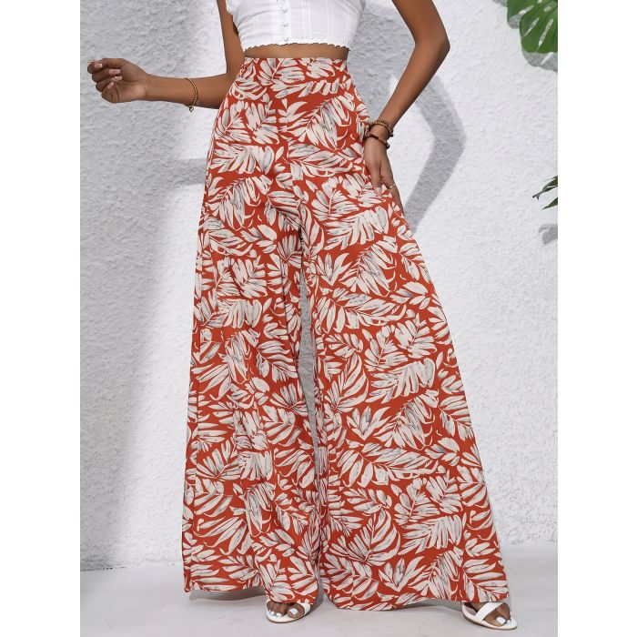 Tropical Leaf High Waisted Wide Leg Resort Chiffon Palazzo Pants