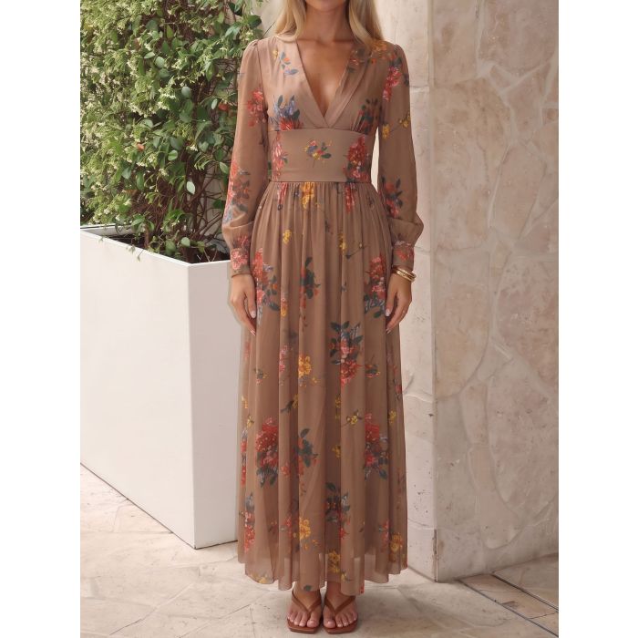Vintage V-Neck Bishop Sleeve Fit and Flare Resort Floral Maxi Dress