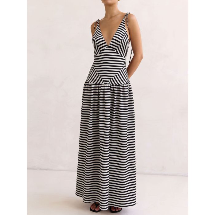 Vintage Deep V Tie Shoulder Drop Waist Resort Striped Maxi Dress