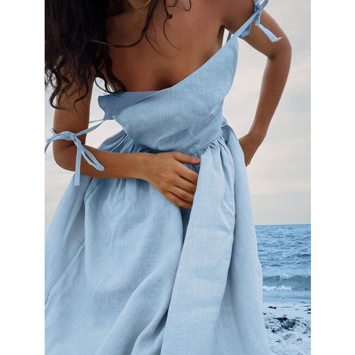 Flattering Backless V-Neck Tie Shoulder Resort Linen Slip Maxi Dress