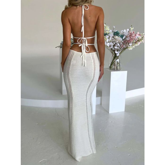 Flattering Plunge Halter Tie Backless Cutout Beach Crochet Knit Max…