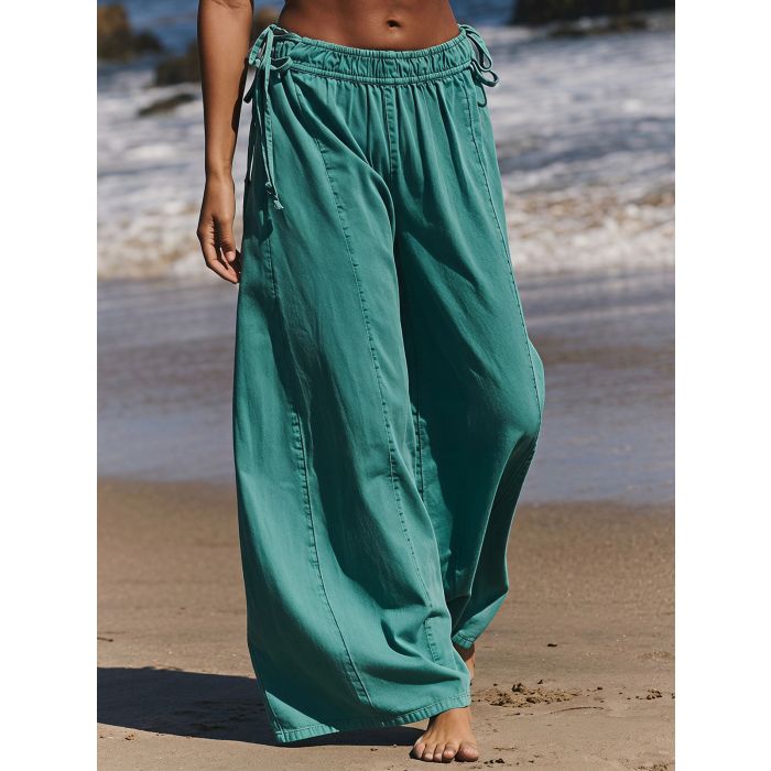 Relaxed Side Tie High Waist Wide Leg Linen Blend Resort Palazzo Pan…