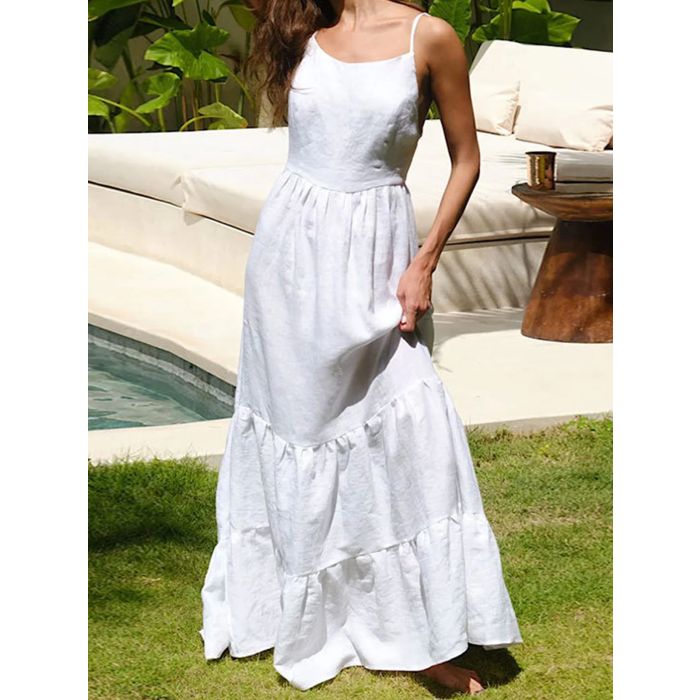 Flattering Tie Back Cotton Blend Resort Ruffle Tiered Maxi Sundress
