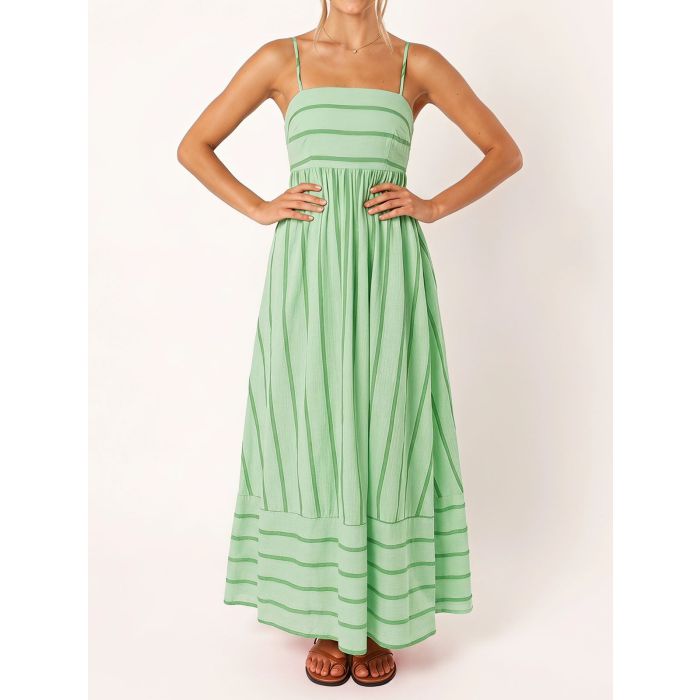 Flattering Square Neck Empire Waist Resort Striped Slip Maxi Dress