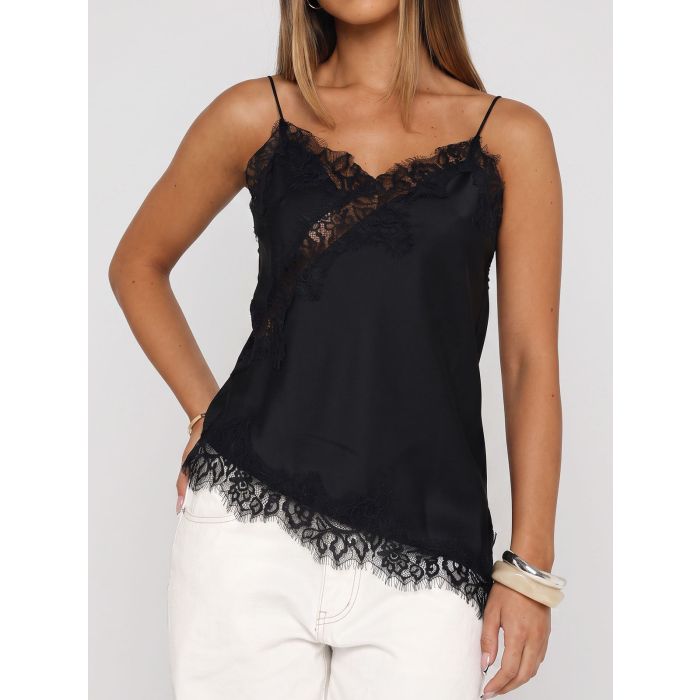 Asymmetrical Lace V-Neck Spaghetti Strap Resort Crop Satin Top