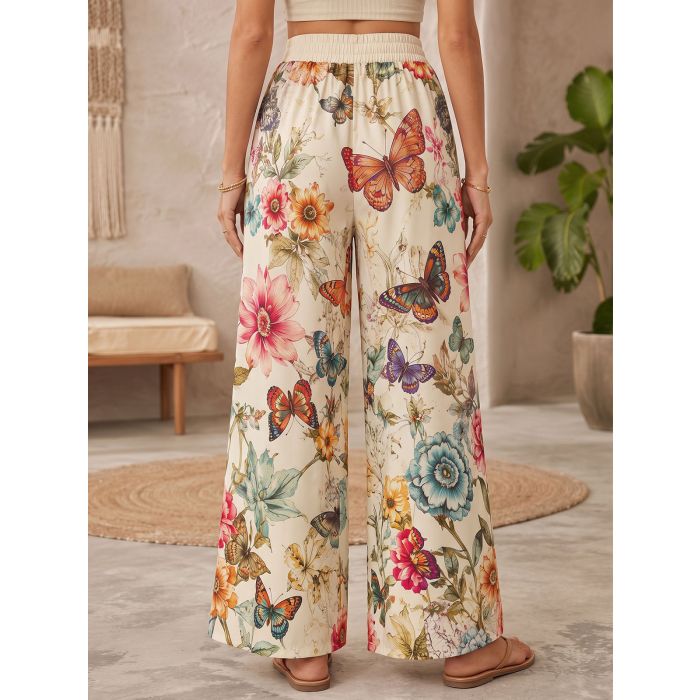 Relaxed Butterfly Floral High Waist Wide Leg Resort Palazzo Pants