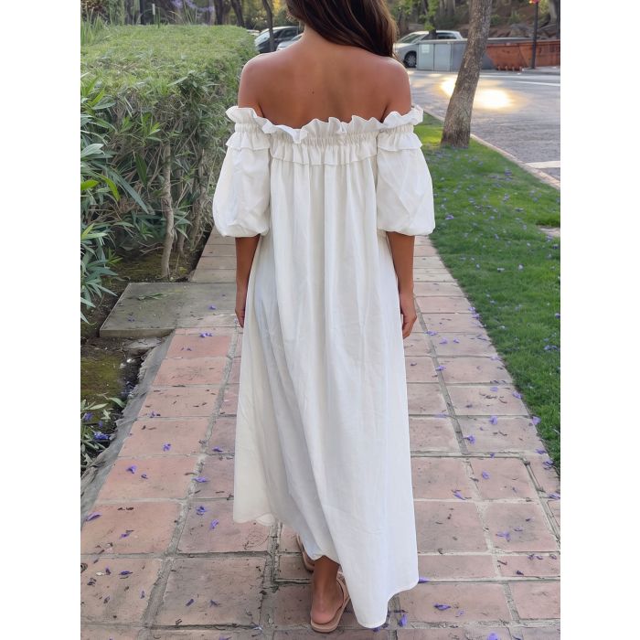 Breezy Ruffle Off Shoulder Oversized Resort Lined Cotton Midi Dress