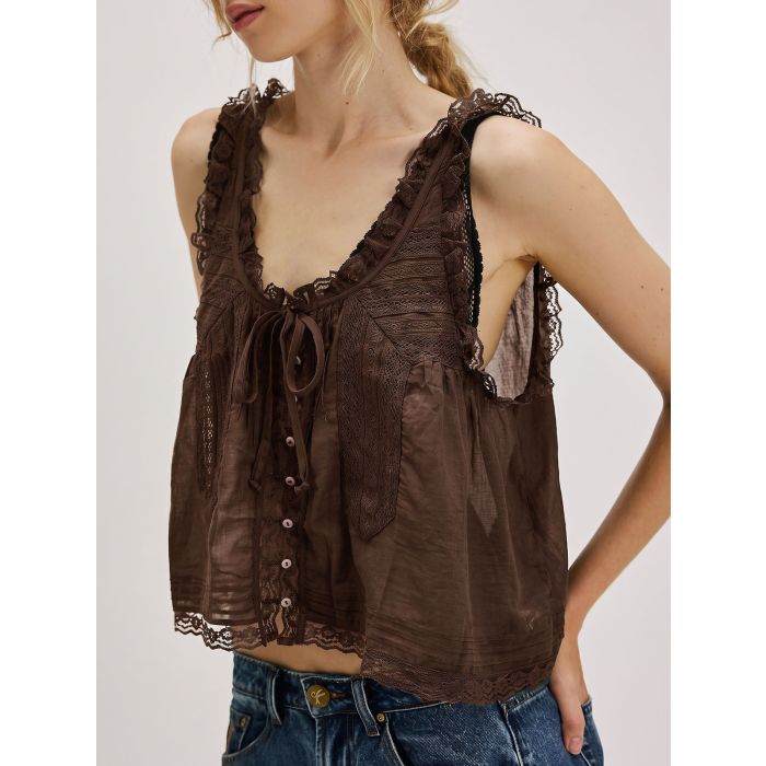Relaxed Chic Ruffled Tie Front Button Up Resort Lace Crop Tank Top