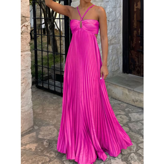 Flowy Crisscross Strap Empire Waist Resort Pleated Cutout Maxi Dress