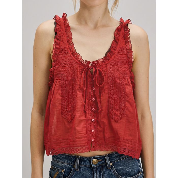 Relaxed Chic Ruffled Tie Front Button Up Resort Lace Crop Tank Top