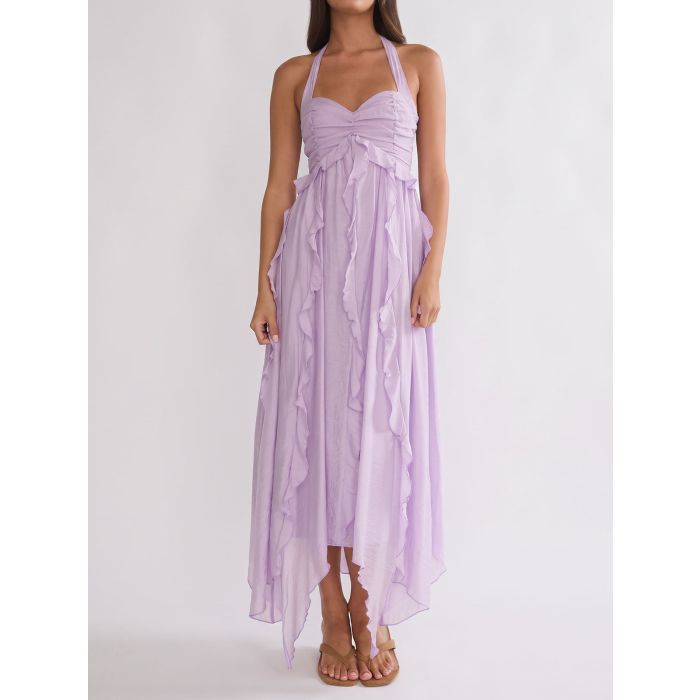 Flowy Sweetheart Halter Tie Empire Waist Resort Ruffle Midi Dress