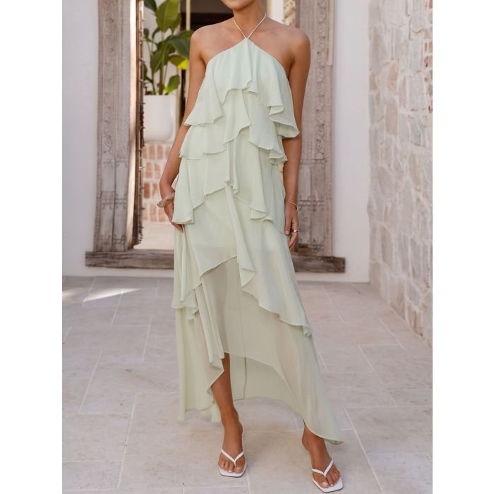 Flowy Halter Tie Layered Ruffle Summer Resort Chiffon High Low Dress