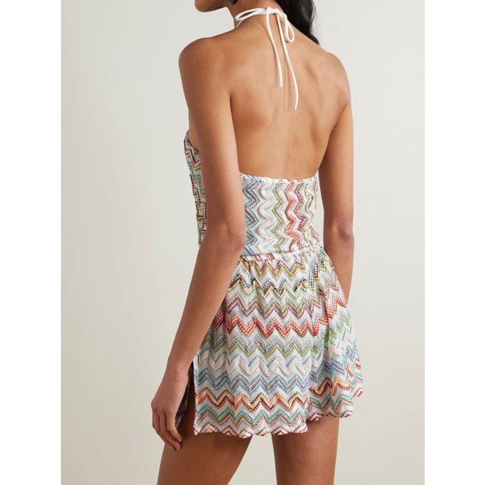 Vibrant Zigzag Jacquard Smocked Waist Resort Split Halter Romper