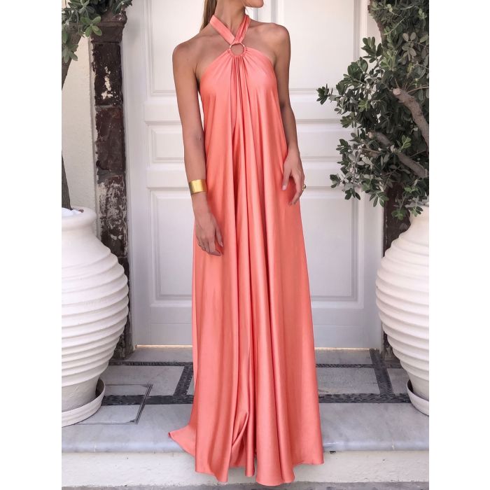 Flowy O Ring Halter Tie Backless Oversized Resort Satin Maxi Dress