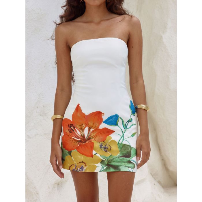 Vibrant Contrast Watercolor Floral Summer Bodycon Strapless Mini Dr…