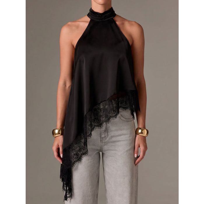 Asymmetrical Scalloped Lace Resort High Neck Silky Satin Top