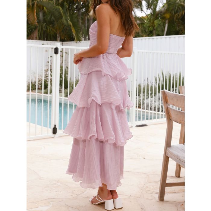 Flowy Strapless Smocked Back High Waist Resort Tiered Ruffle Maxi D…