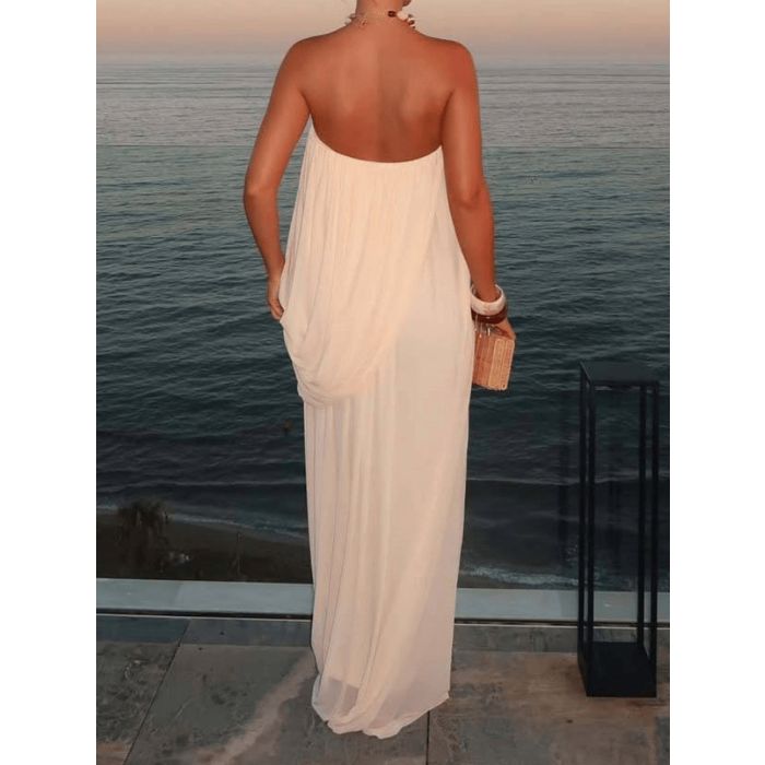 Goddess Tube Top Ruched Draped Chiffon Resort Strapless Maxi Dress