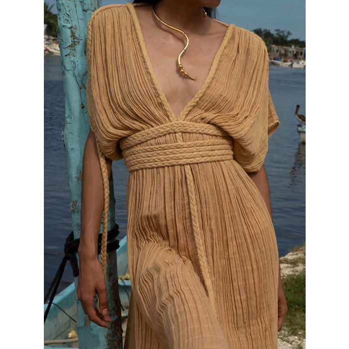 Convertible Braided Strappy Short Sleeve Resort Slit Wrap Maxi Dress