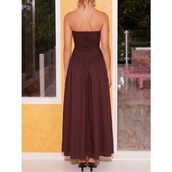 Breezy Ruched Strapless Drop Waist Resort Fit Flare Maxi Dress