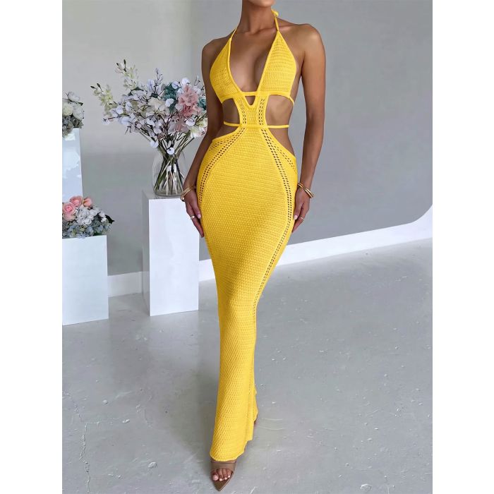 Flattering Plunge Halter Tie Backless Cutout Beach Crochet Knit Max…