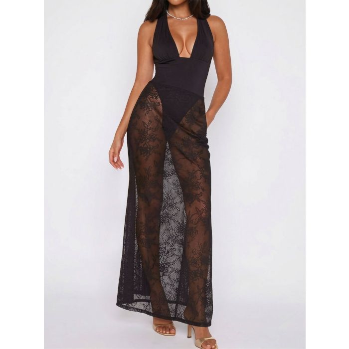 Sheer Lace Floral Skirt Crisscross Deep V High-Leg Two-Piece Swimsu…