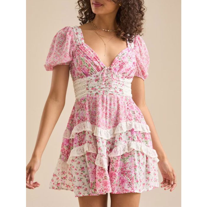 Retro Floral Puff Sleeve Pleated Resort Lace Tiered Ruffle Mini Dre…
