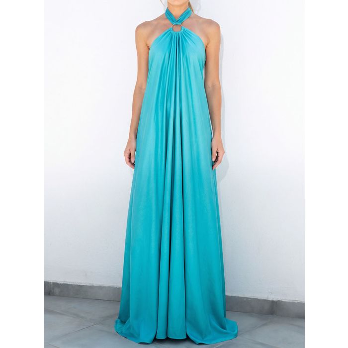 Flowy O Ring Halter Tie Backless Oversized Resort Satin Maxi Dress