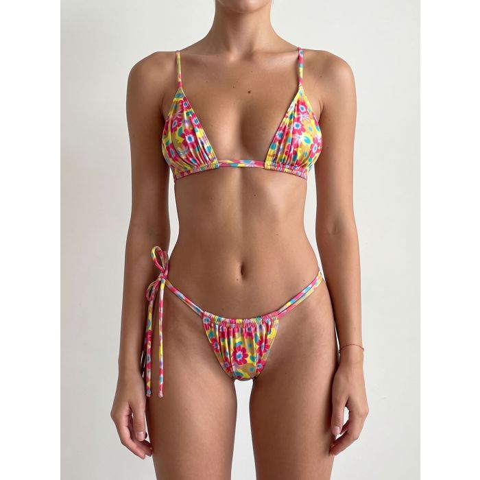 Relaxed Floral Strappy Scrunch High-Cut Triangle Two-Piece Bikini S…