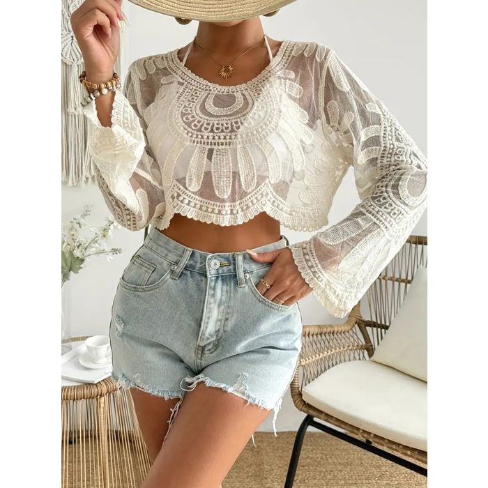 Relaxed Scalloped Crew Neck Embroidered Lace Beach Crop Cover-Up