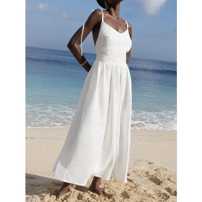 Flattering Backless V-Neck Tie Shoulder Resort Linen Slip Maxi Dress