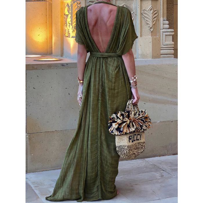 Convertible Braided Strappy Short Sleeve Resort Slit Wrap Maxi Dress