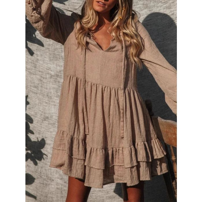 Relaxed Tie Neck Layered Balloon Sleeve Ruffle Resort Babydoll Mini…