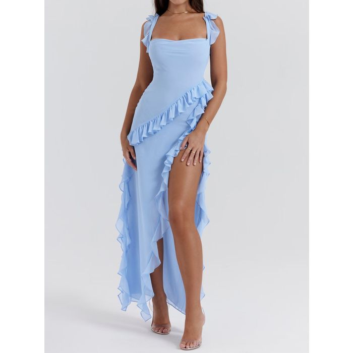 Flowy Ruffled Square Neck Sleeveless High Slit Sleeveless Midi Dress