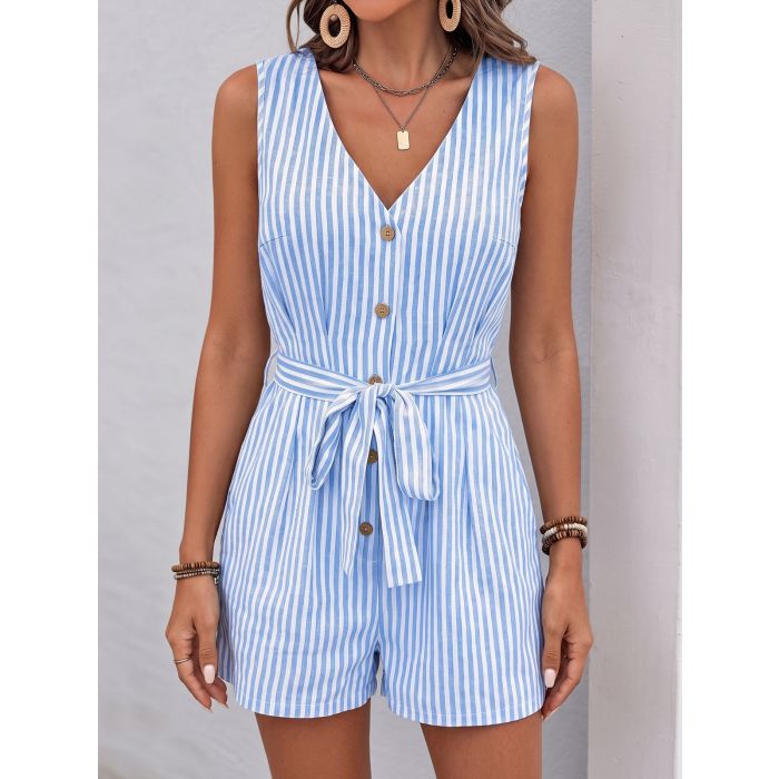 Casual Contrast Striped V-Neck Button Up Belted Resort Wide Leg Rom…