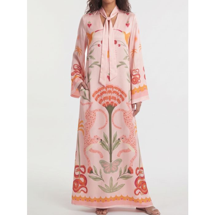 Tropical Palm Tie Neck Wide Sleeve Resort Slit Satin Kaftan Maxi Dr…