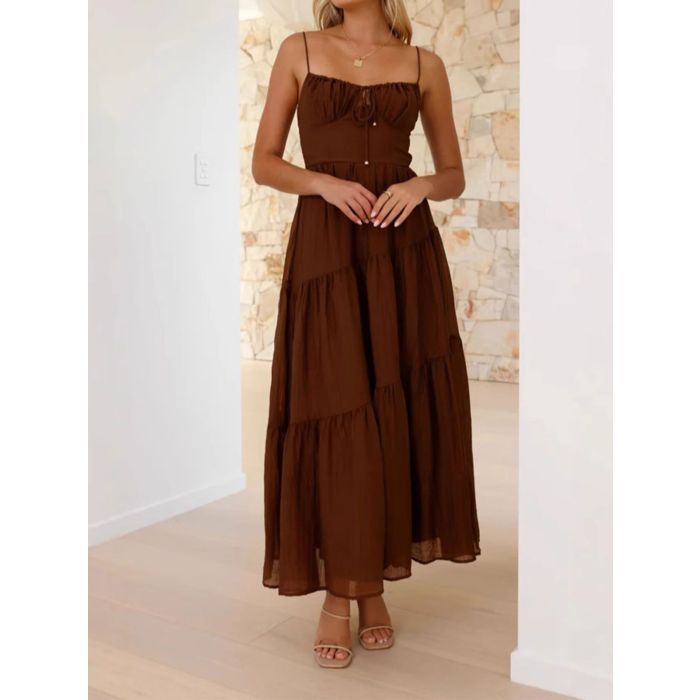 Relaxed Tie Neck Smocked Back Resort Crochet Tiered Midi Sundress