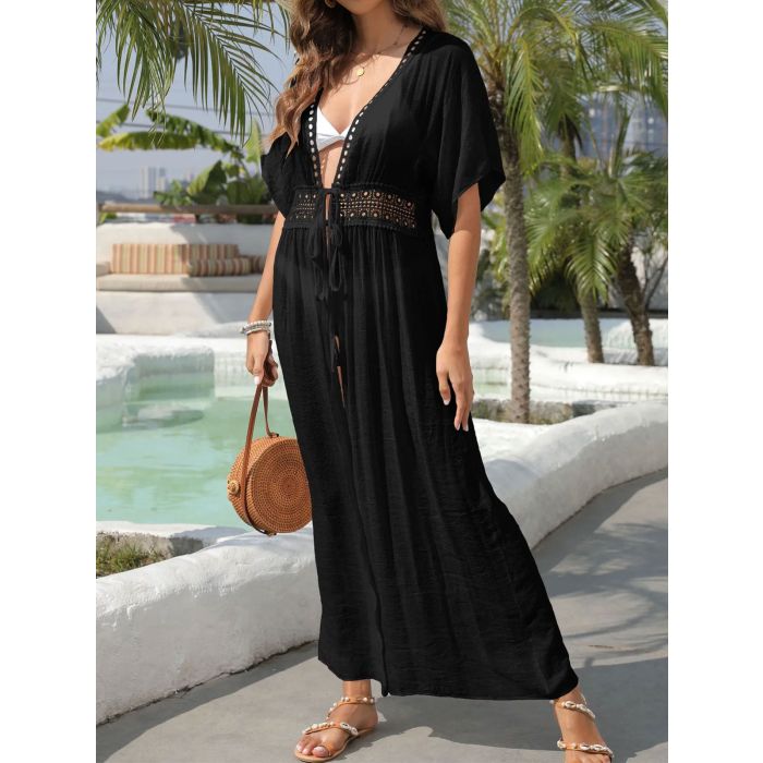 Flattering Crochet Deep V Short Sleeve Tie Waist Beach Chiffon Midi…
